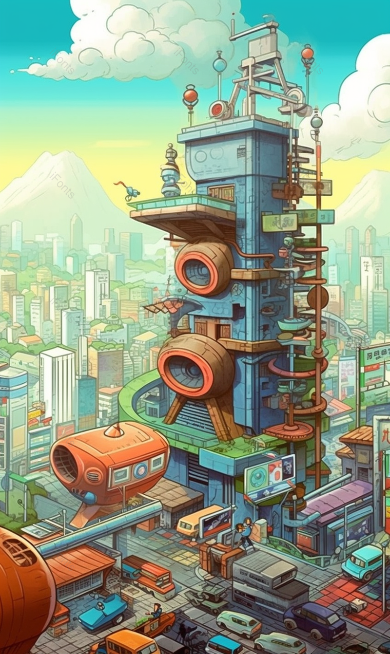 天空下繁荣的城市都市高楼大厦房屋建筑未来科幻卡通风格插画背景,插画/手绘图,插画/手绘图库,插画/手绘图下载,插画/手绘